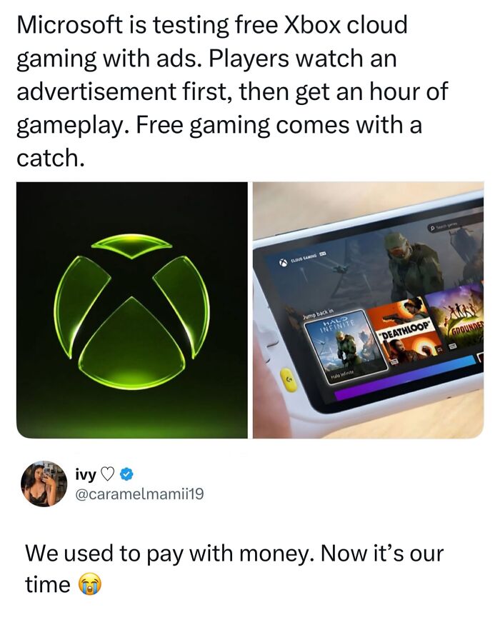 Xbox cloud gaming UI displayed alongside an official logo as an entertaining ad.