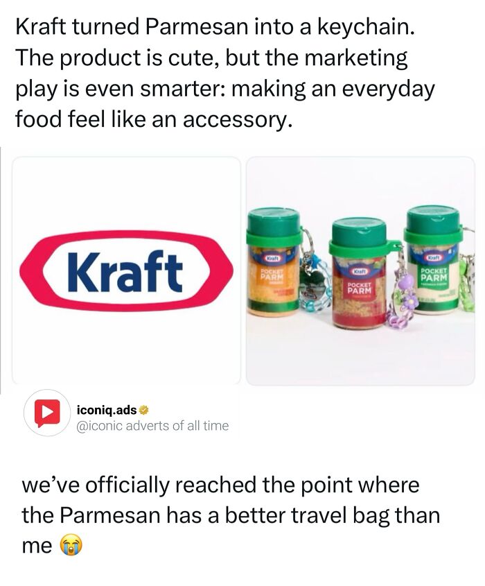 Kraft logo next to Pocket Parm keychain bottles showcasing entertaining and iconic ads.