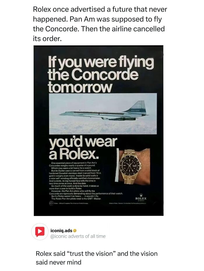 Vintage Rolex advertisement featuring a Concorde plane in flight and a gold watch for iconic ads.