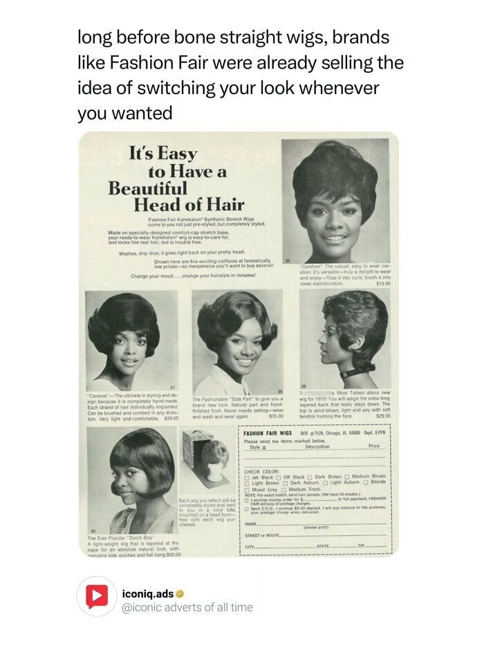 Vintage Fashion Fair Wigs advertisement displaying various women's hairstyles for iconic ads.