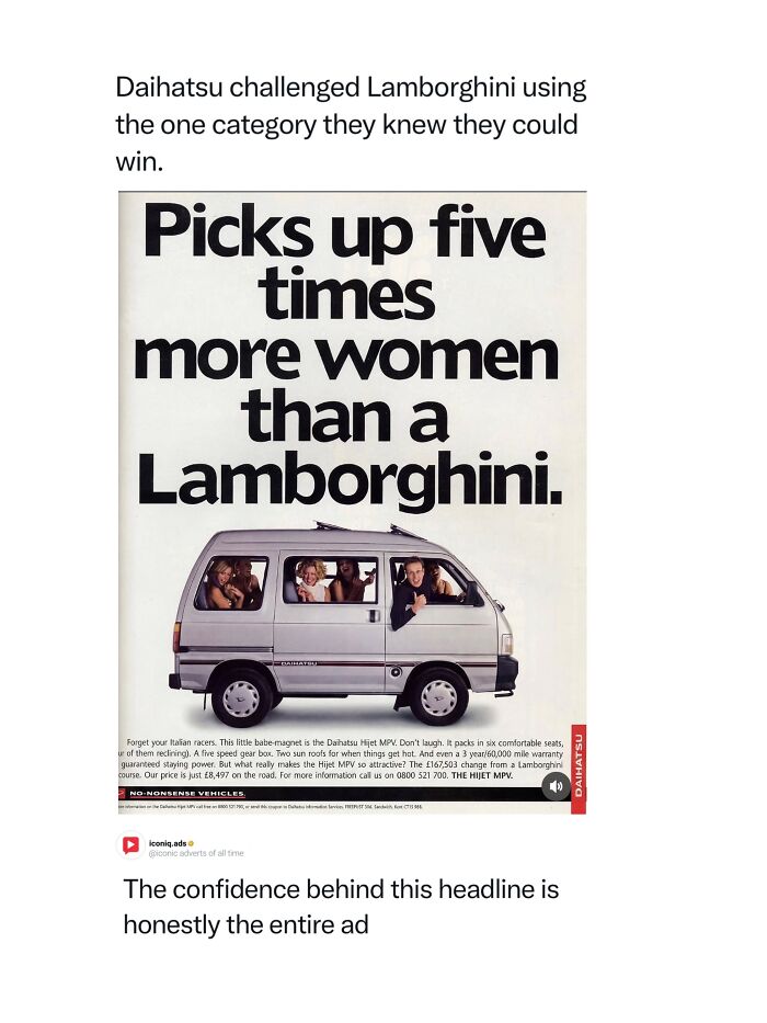 Entertaining and iconic ads featuring a funny vintage Daihatsu van advertisement comparing itself to a Lamborghini.