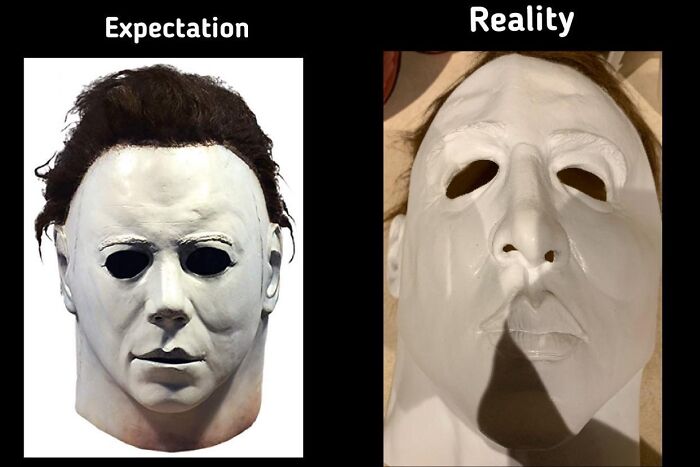 Side-by-side comparison of a Michael Myers mask expectation vs reality in funny photos.
