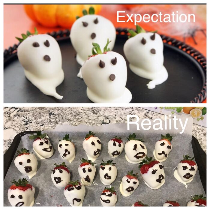 Chocolate-dipped strawberry ghost expectation versus reality photos for Halloween.
