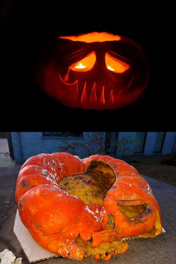 A glowing carved pumpkin above a collapsed rotting pumpkin for a funny Halloween fail