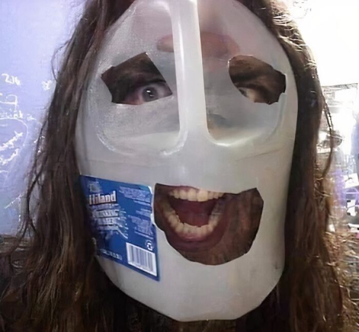 Funny DIY plastic milk jug mask Halloween costume fail