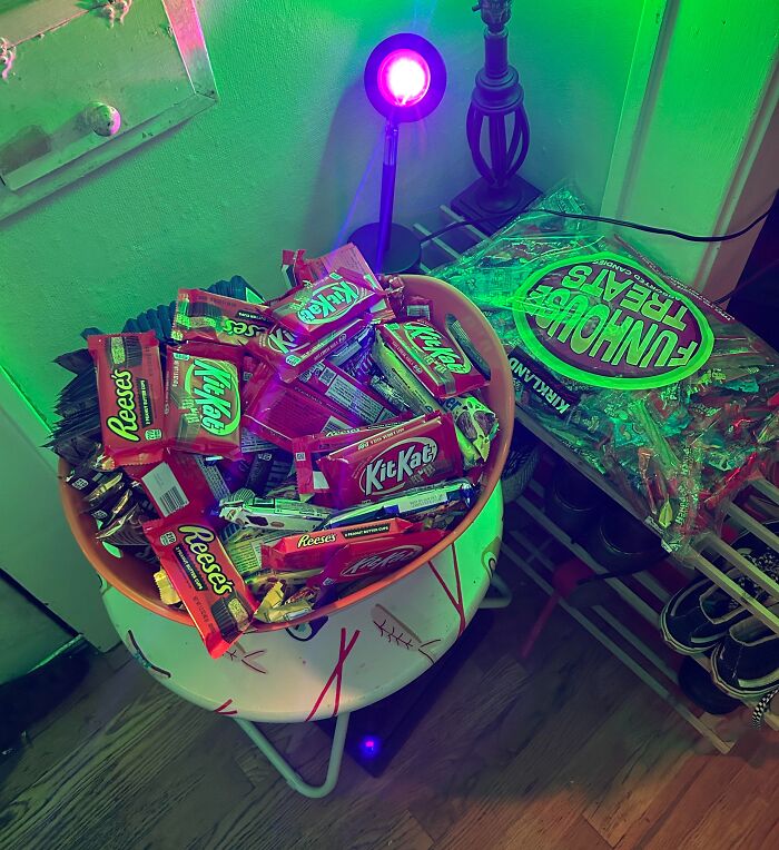 Bowl packed with KitKats and Reeses chocolates ready for Halloween treats