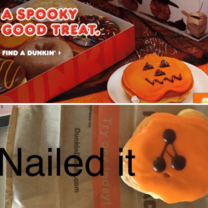 Expectation versus reality of a funny Halloween jack-o-lantern donut that didn't go as planned.