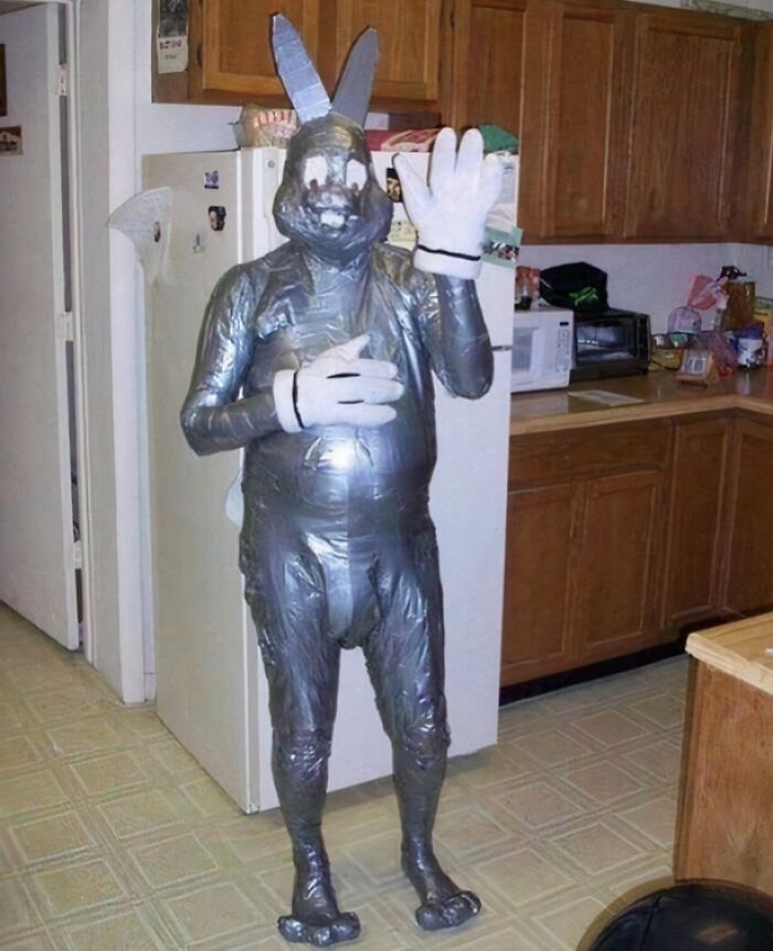 Funny Halloween costume fail with a person wearing a full suit made of duct tape like Bugs Bunny.