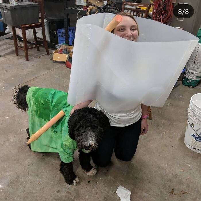 Homemade pencil and paper Halloween costume fail with dog