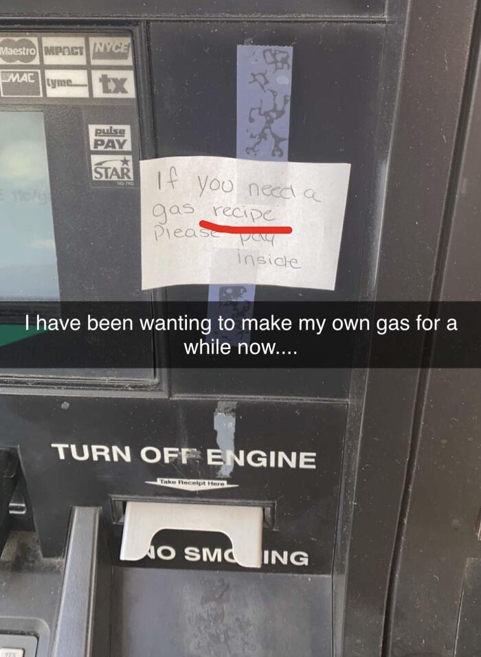 Gas pump sign with spelling fails writing gas recipe instead of receipt