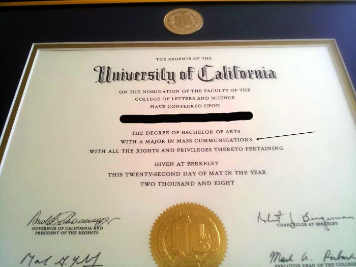 University of California diploma with a funny spelling fail stating Mass Cummunications.