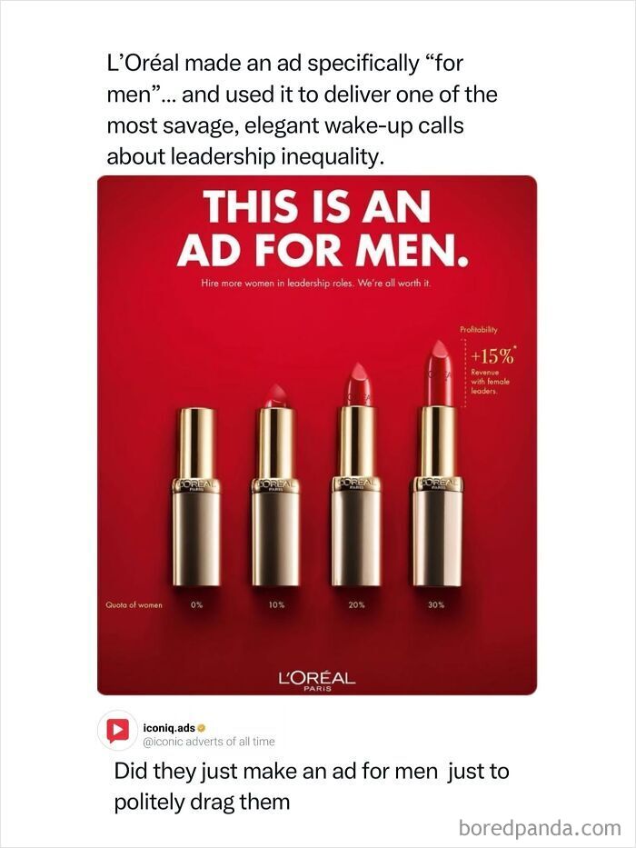 An iconic L'Oréal ad for men promoting women in leadership roles with lipstick visual.