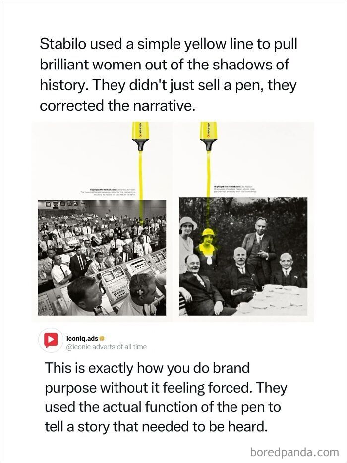 Iconic advertising print campaign by Stabilo highlighting famous women in historical photographs with yellow highlighter.