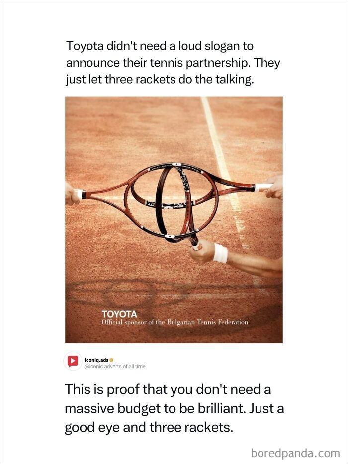 Creative print ad by Toyota showing three tennis rackets forming their logo on a clay court.