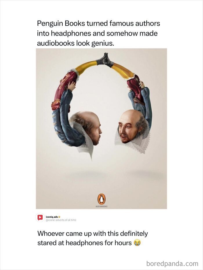 Iconic ads for Penguin Audiobooks featuring William Shakespeare styled as headphones.