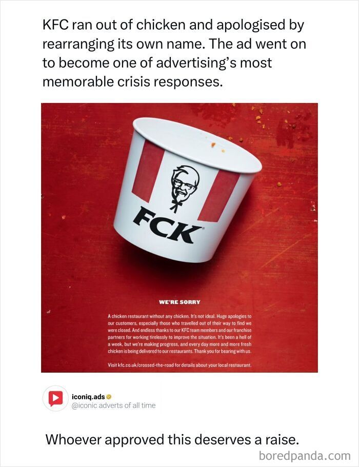 FCK empty bucket ad by KFC, an example of iconic ads turning a crisis into creative marketing.