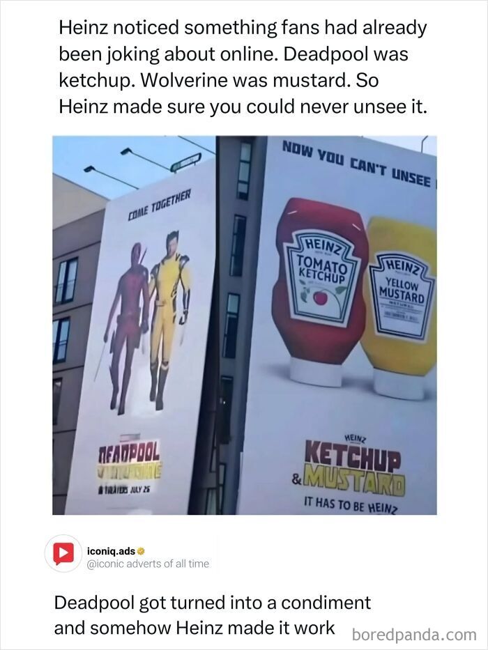 Heinz billboard comparing Deadpool and Wolverine to ketchup and mustard in entertaining advertising.