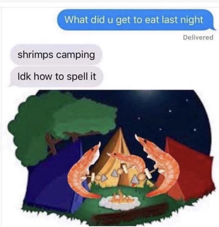 A text message thread and meme illustrating funny spelling fails with shrimps camping.