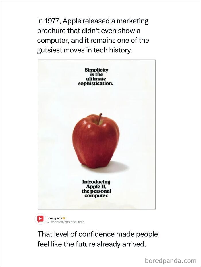 Vintage Apple II marketing brochure showing a red apple as an example of simple and iconic ads.