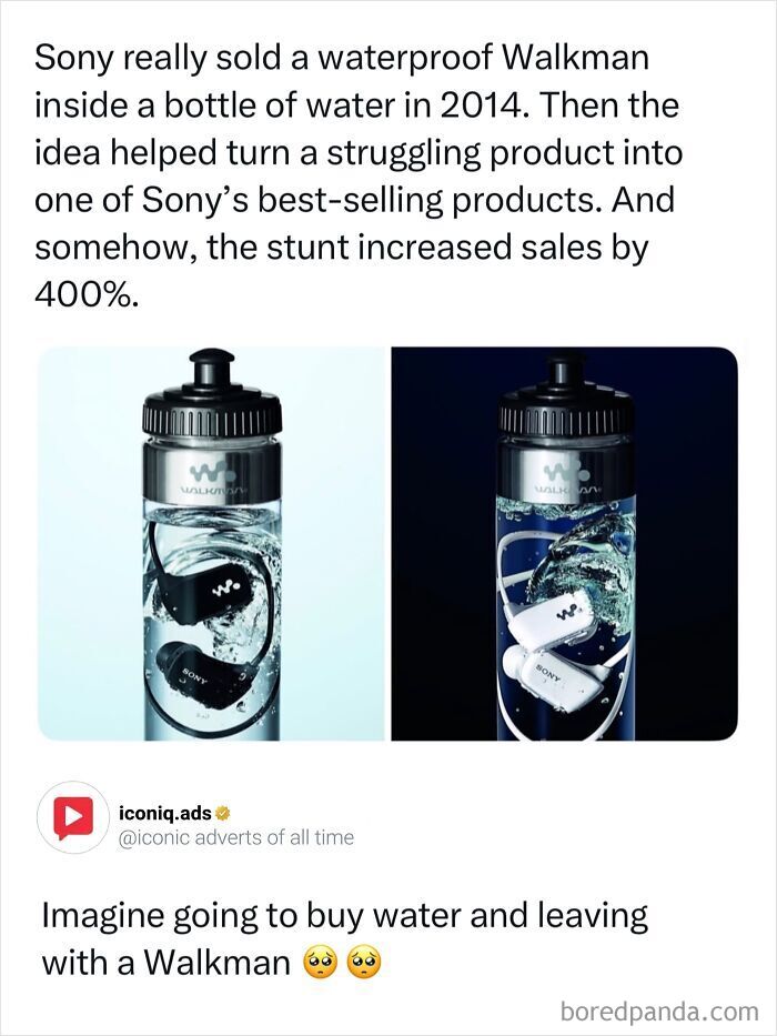 Waterproof Sony Walkman inside water bottles as part of entertaining ads showcasing smart product design.