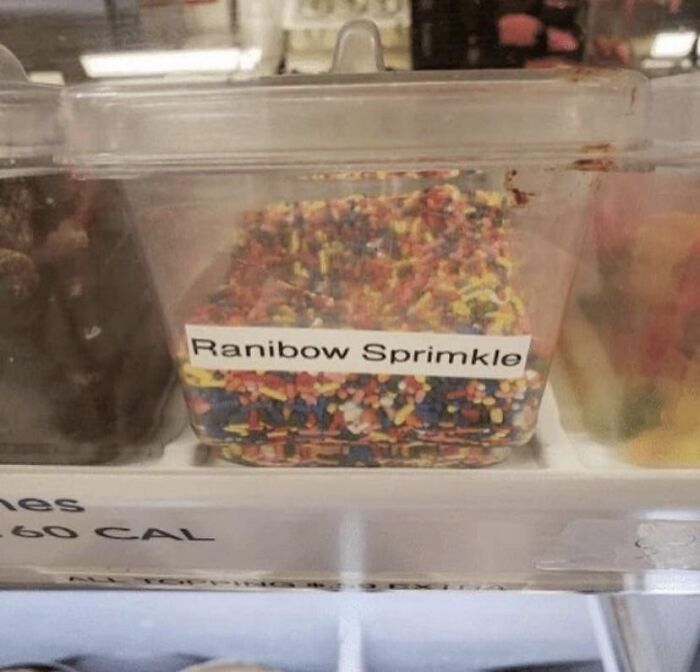 A container labeled Ranibow Sprimkle highlighting funny spelling fails