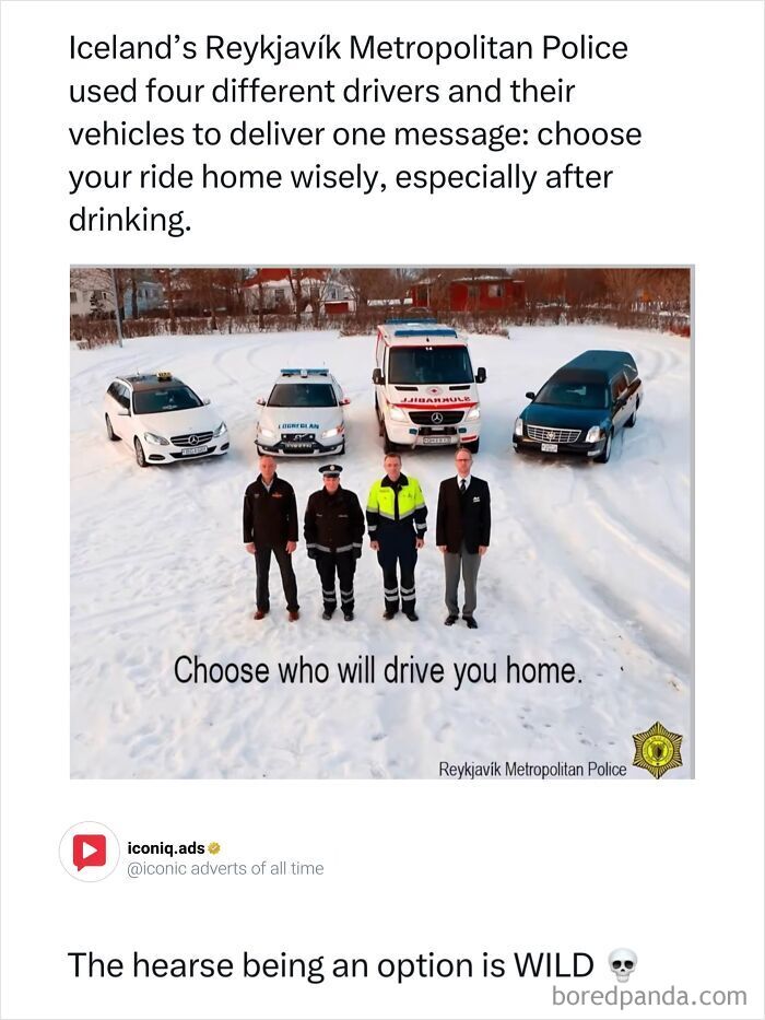 Entertaining and iconic ads showing Reykjavik police anti drunk driving campaign with four vehicles in snow
