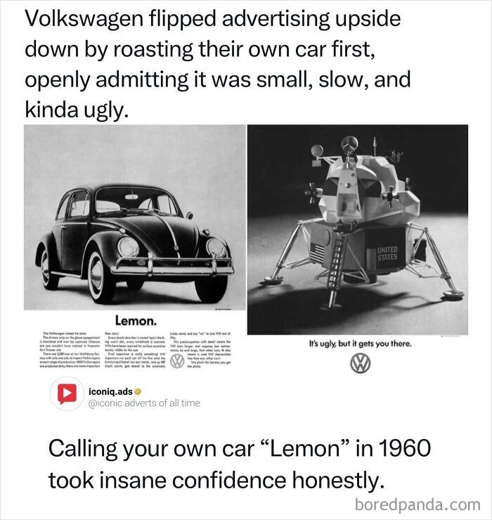 Entertaining and iconic ads featuring classic vintage Volkswagen car and lunar lander print advertisements