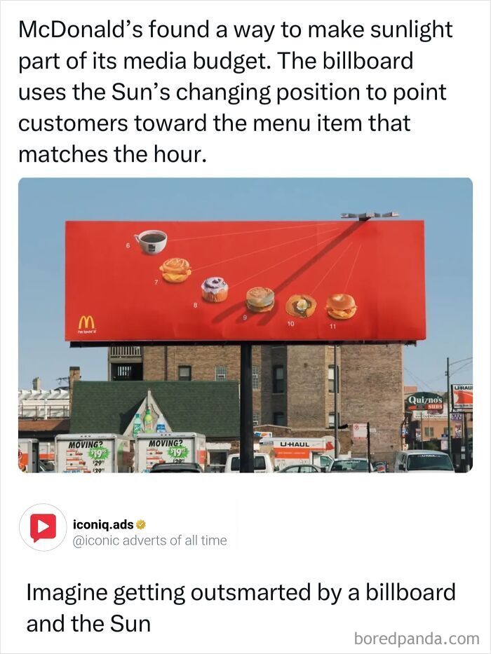 An iconic McDonald's sundial billboard using sunlight as part of creative advertising.