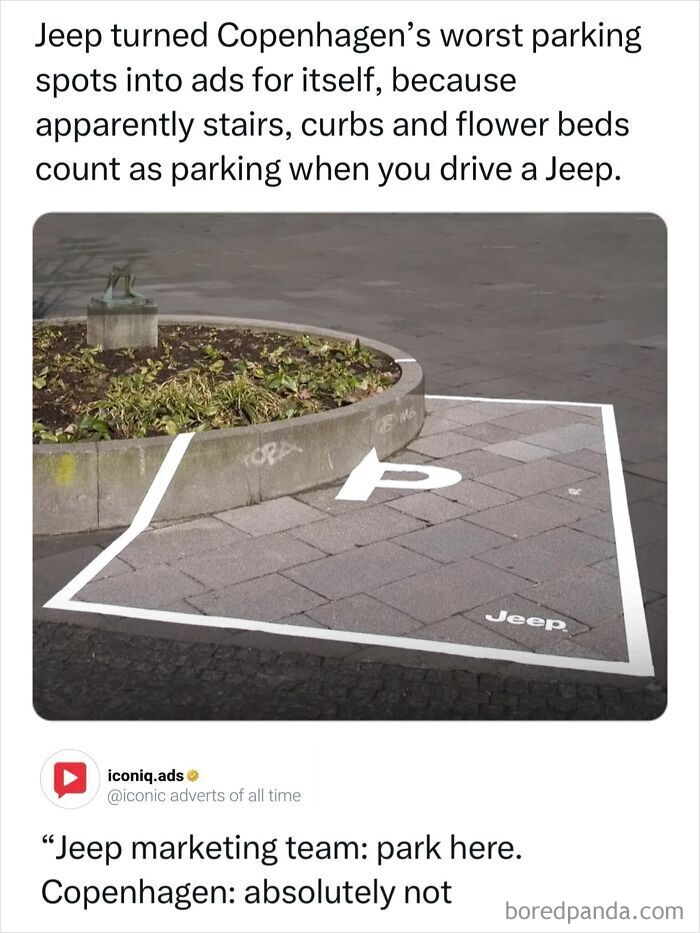 A Jeep marketing campaign in Copenhagen featuring an iconic ad painted over a curb parking spot.