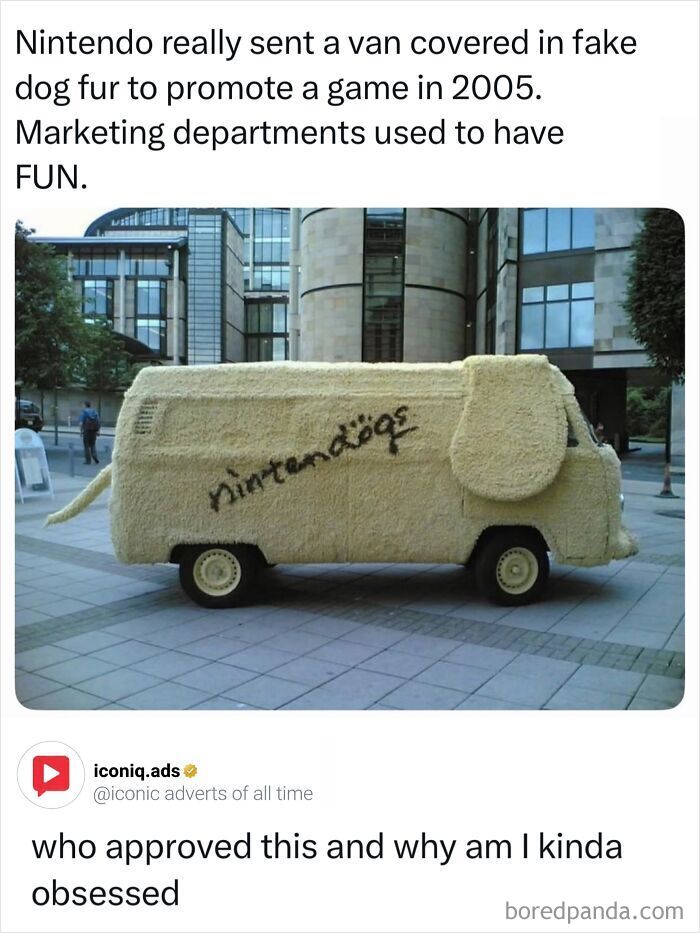 Custom furry Nintendogs van promoting a video game as an iconic and entertaining ad stunt.