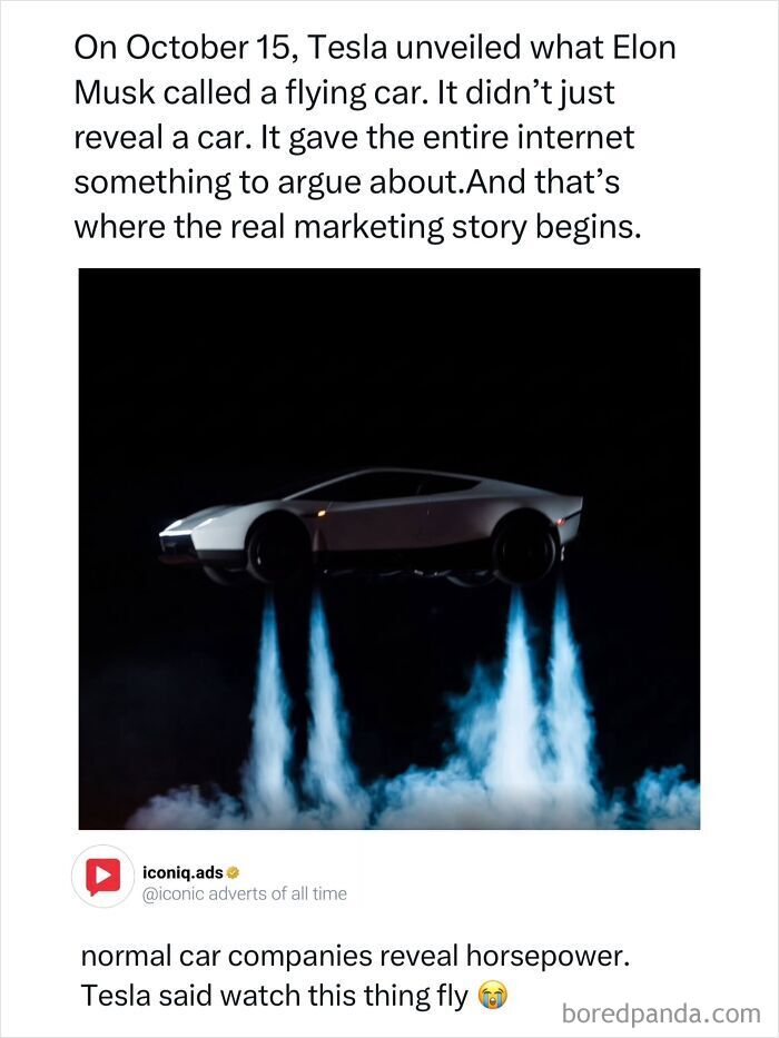 Tesla futuristic flying car concept showcasing an iconic ad with thruster smoke.