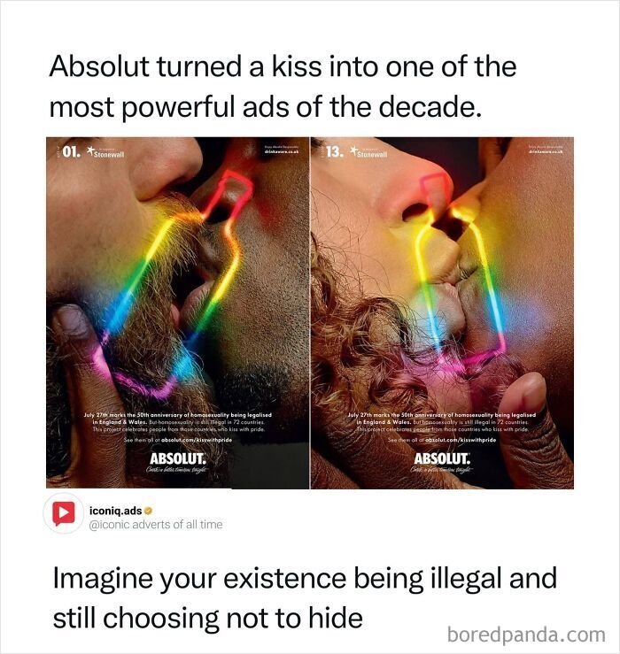 Absolut Vodka print advertisement depicting two people kissing inside a bottle outline for iconic ads.