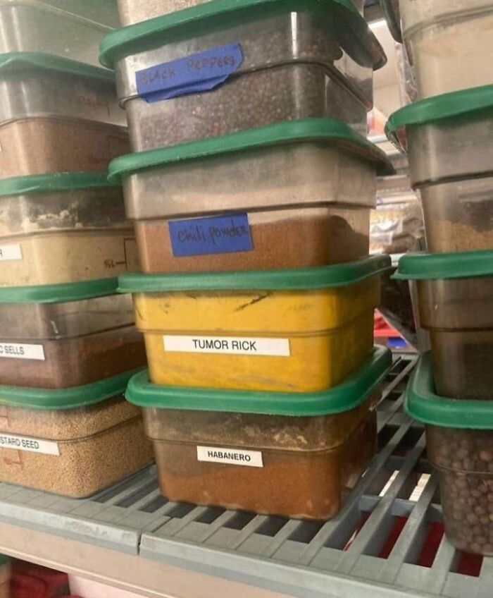 Spice container labeled Tumor Rick in a list of funny spelling fails