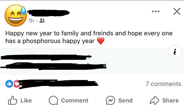 Social media post with a funny spelling fail wishing everyone a phosphorous new year