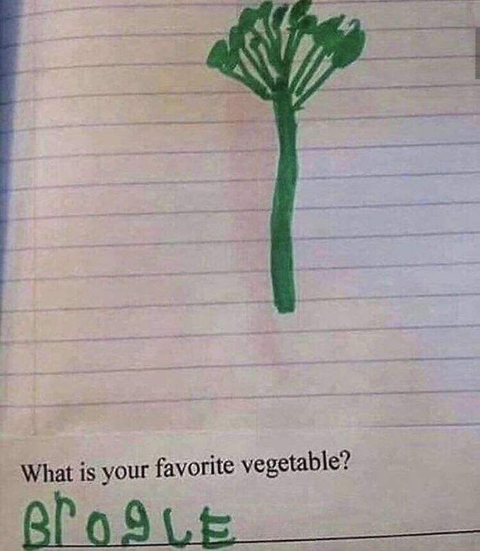 Child schoolwork with spelling fails writing Brogle for broccoli.