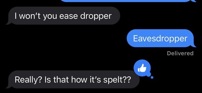 Text message conversation showing spelling fails with ease dropper instead of eavesdropper