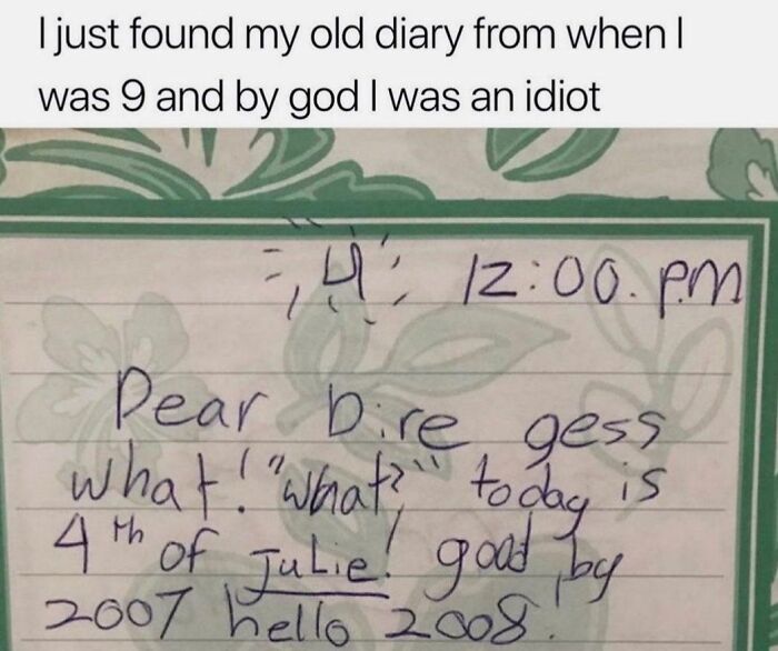 Handwritten diary entry showing funny spelling fails like 4th of Julie.