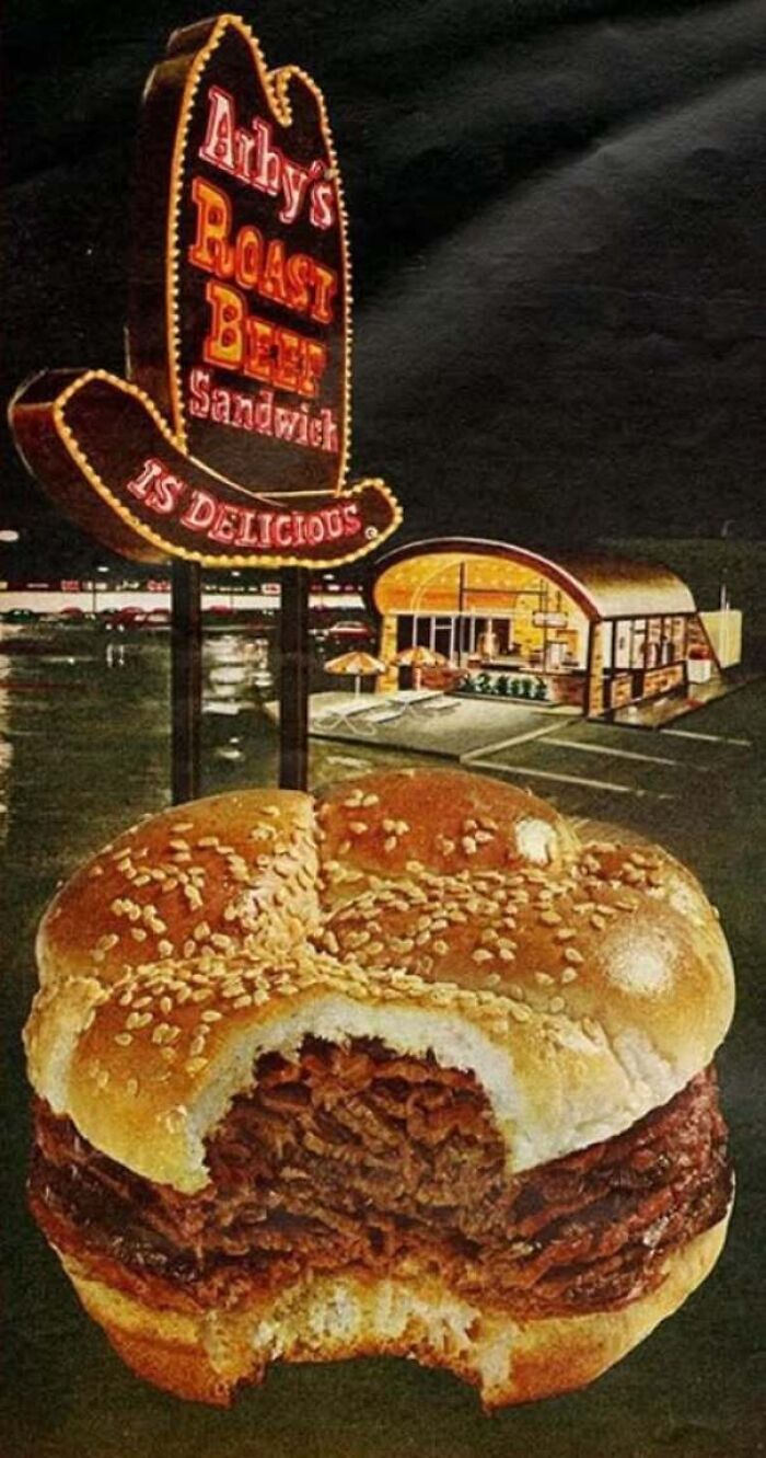 Vintage Arby's sign and roast beef sandwich advertisement showing old photos of America.