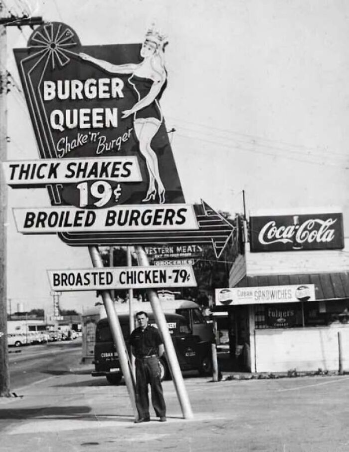 Retro Burger Queen restaurant sign displayed in old photos of America.