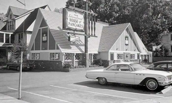 An original IHOP building and classic car captured in old photos of America.