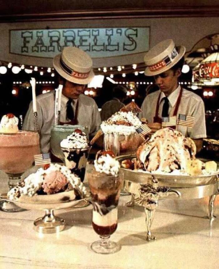 Servers at Farrells ice cream parlor in old photos of America.