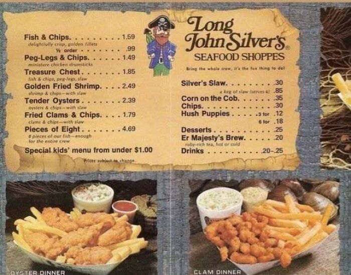 Retro Long John Silver's menu and seafood baskets featured in old photos of America.