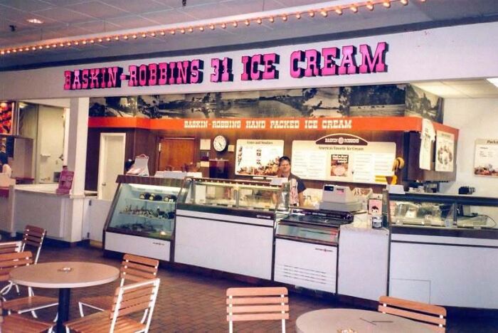 Vintage Baskin-Robbins ice cream parlor showcasing old photos of America.