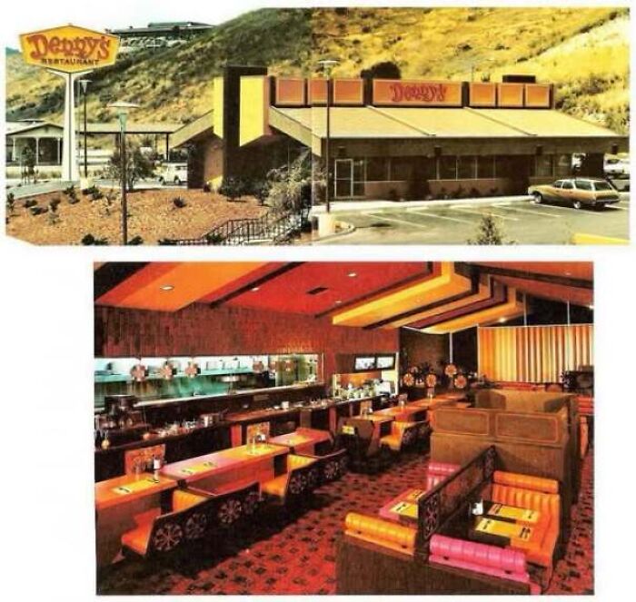 Classic 1970s Denny's exterior and interior layout shown in old photos of America.