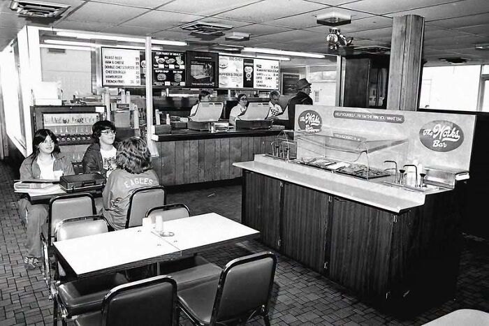 Black and white shot of a classic diner interior from old photos of America.