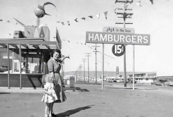 A vintage Jack in the Box fast food restaurant in old photos of America.
