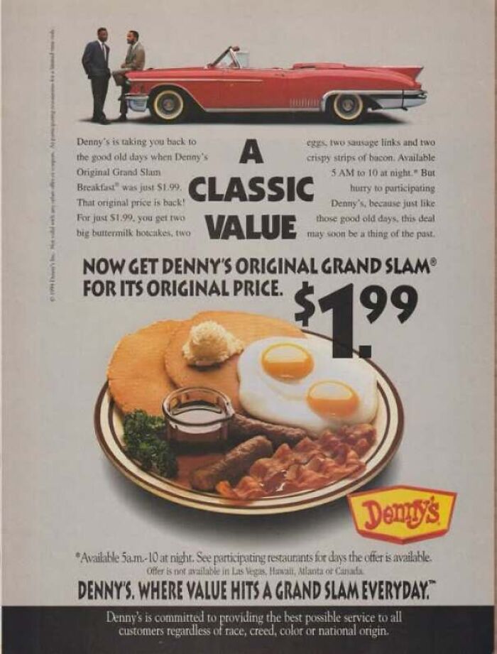 Classic print advertisement for Denny's Grand Slam shown in old photos of America.