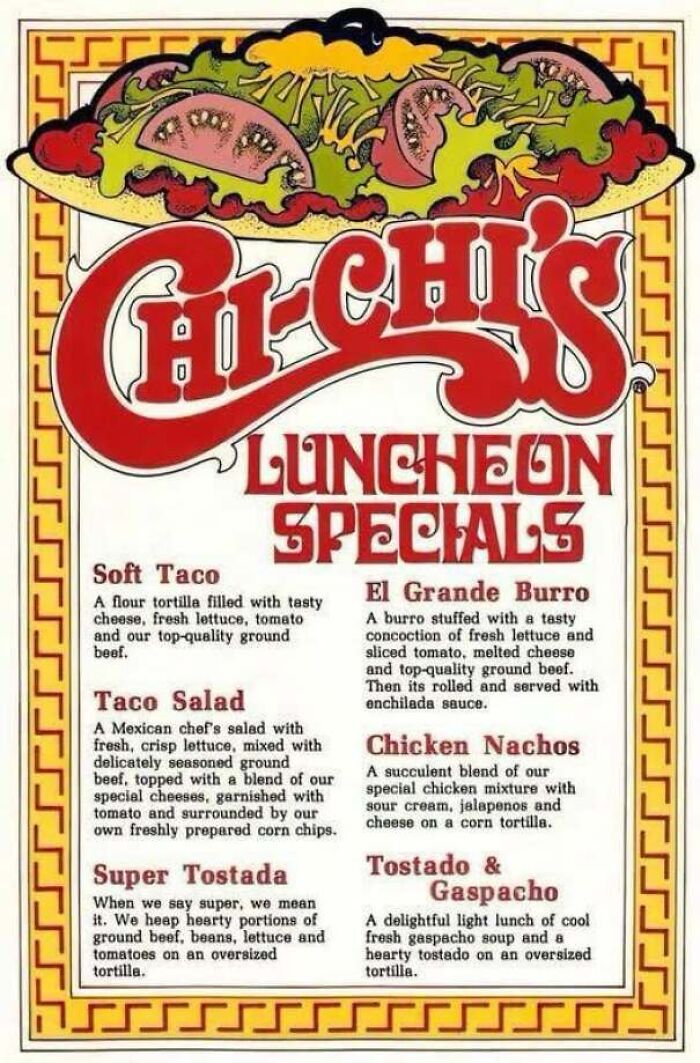A vintage Chi-Chi's Luncheon Specials menu, showing old photos of America and nostalgic Tex-Mex dishes.