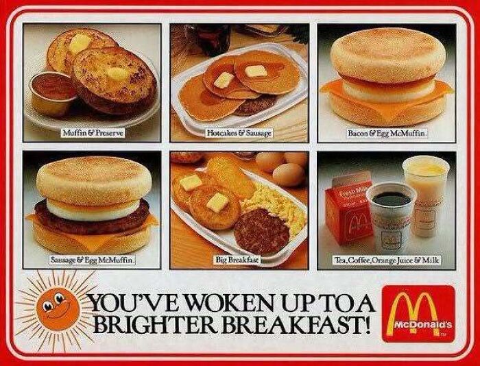 Retro McDonald's menu advertisement showing classic breakfast items, from old photos of America.