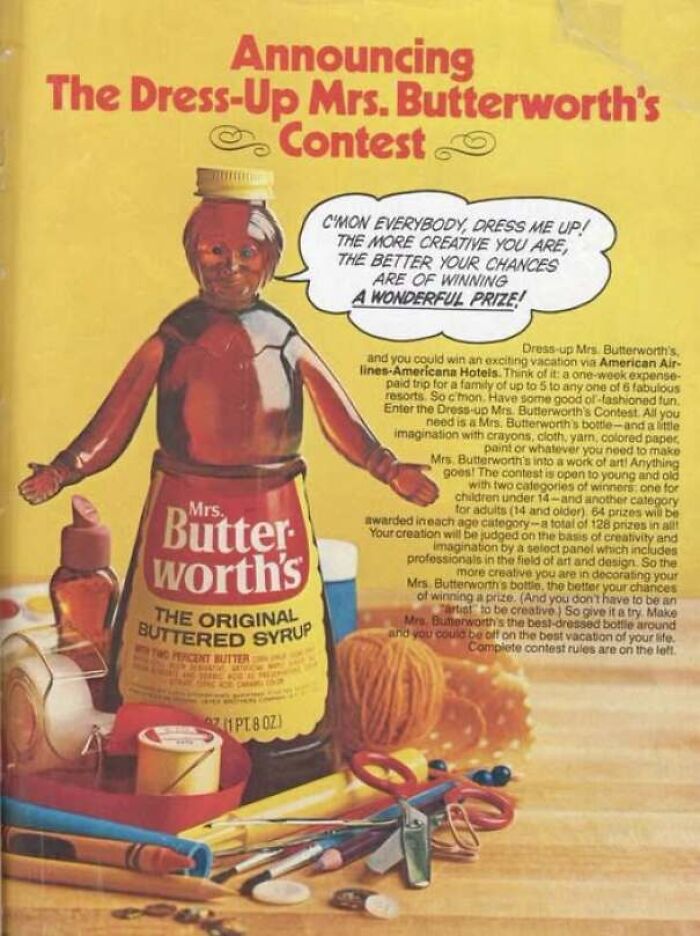 Classic print ad featuring a bottle of syrup for the Dress-Up Mrs. Butterworth contest surrounded by crafts